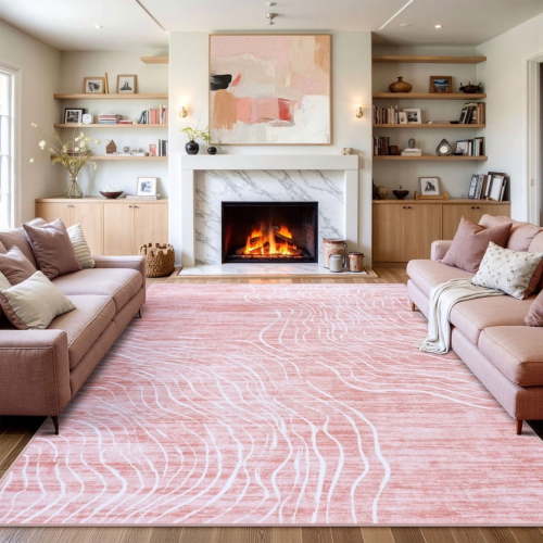 RUG ROBOT 8'x10' Abstract Large Area Rugs for Living Room, Soft Washable Pink Rugs for Bedroom, Non-Slip Modern Wave Striped Accent Carpet for Dining Room Kitchen, Pink