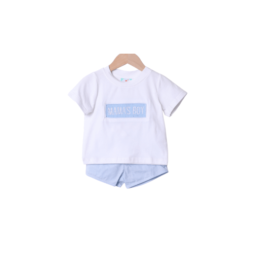 Smocked Mama's Boy White and Blue Gingham Short Set