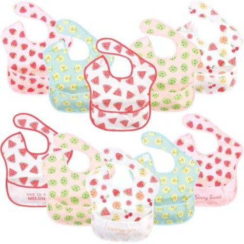 Hudson Baby Infant Girls Waterproof Polyester Bibs 10pk, Cute Fruit, Beginner