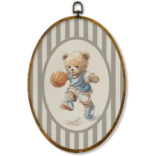XPH Basketball Bear Nursery Oval Wall Art Framed, Sports Oval Wall Decor, Neutral Striped Basketball Player Bear Hanging Canvas Prints for Home Kids Boys Room Bedroom Playroom Decoration, 8.6x11.4 Inch