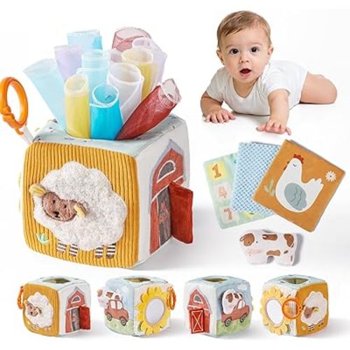 let's make Baby Tissue Box Toy, Farm Montessori Sensory Toys 6-12 Months, Play Silks & Crinkle Tissues with 3D Corduroy, Mirror, Squeaky Cow & Travel Clip - Fine Motor Skills Baby Girl Boy Gifts