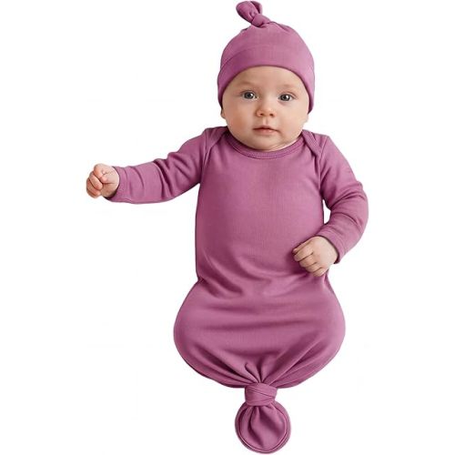 Newborn Knotted Baby Gown 0-6 Months, Super Soft Breathable Nightgowns for Babies Girl and Boy, Baby Girls Coming Home Hospital Outfit with Hat Set Rose