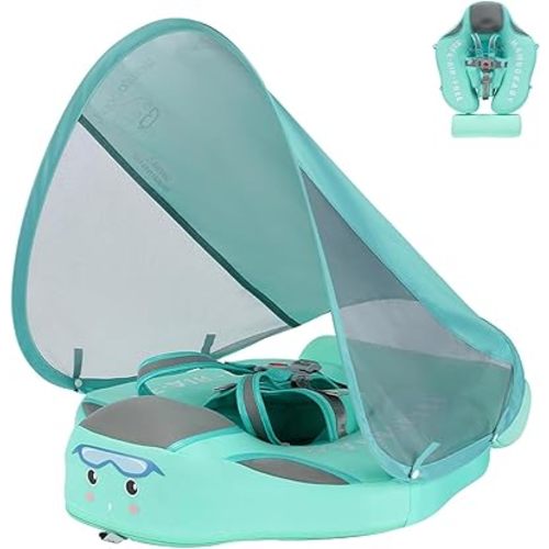 2026 Upgread Mambobaby Float with Removable UPF50+ UV Sun Protection Canopy, Waterproof Skin-Friendly Infant Swim Float for Aged 3-24 Months, Non-Inflatable Pool Float with Tail, Green