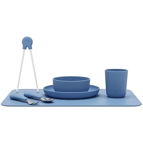 Lalo Big Bites Kids Dinnerware Full Set - Dishwasher Safe, BPA Free, Kids Tableware Set - Includes Stackable Bowl, Plate, Utensils & Cup - 7 Pieces - Blueberry