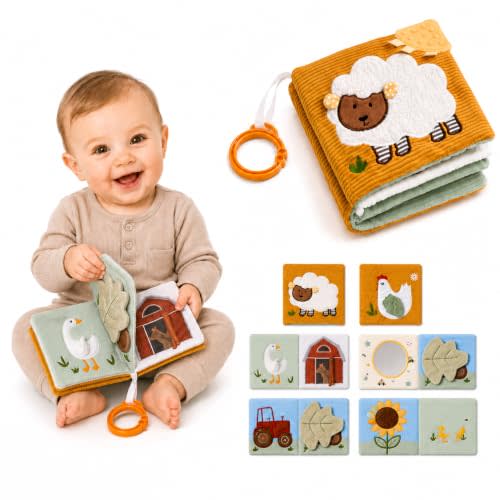 let's make Soft Baby Books Toys, Tummy Time Touch and Feel Sensory Toys | Crinkle Cloth Book with Mirror & Teether for Baby 0-6, 6-12 and 12-18 Months, Peek-a-Boo Flaps, Machine Washable, Shower Gift