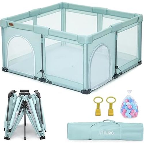 Foldable Baby Playpen 50x50inch, iTiLike Playpen for Babies and Toddlers with 50 PCS Ocean Balls & 2 Handles, Indoor & Outdoor Kids Safety Play Pen Area, Portable Travel Play Yard,Mint Green