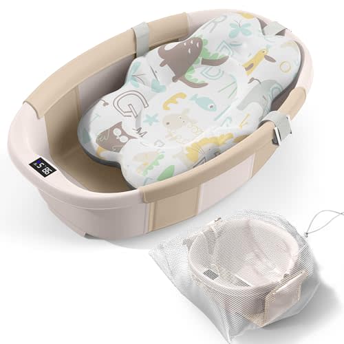 Collapsible Baby Bathtub - Large Baby Bath Tub with Thermometer & Cushion | Travel Portable Newborn Infant Bathtub | Foldable Toddler Bathtub for Baby 0 to 36 Months (Khaki)