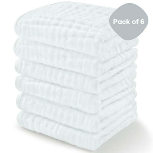 Comfy Cubs Baby Washcloths, Muslin Cotton Baby Towels, Large 10”x10” Wash Cloths (White, Pack of 6)