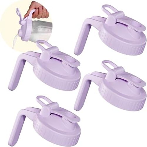 4 Pack Wide Mouth Mason Jar Lids with Leak-Proof Seal, Mason Jar Pour Spout Lid with Flip Cap and Handle, Plastic Canning Lids for Milk, Salad, Dressing, Drinking Storage Bottle, Purple
