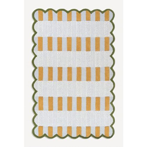 Handmade Scalloped Wool Area Rug - Modern Geometric Pattern, Green-Beige Stripes, Checkered Chevron Design - Soft, Durable Thick Carpet for Living Room, Bedroom, Dining Room (Light Blue, 8' x 12')