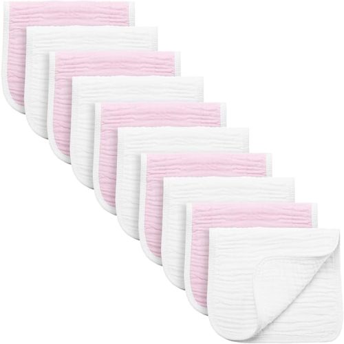 Synrroe Burp Cloths Large, Muslin Burp Cloths for Baby Girls and Boys, Pack of 10 Extra Absorbent and Soft Muslin, 6 Layers 20 by 10 Inches 100% Cotton (Pink-White 10 Pack)
