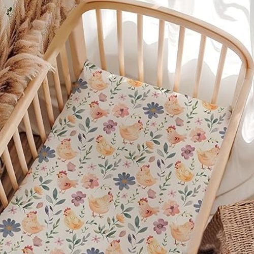 Farm Animal Chicken Crib Sheets, Chicken Flowers Floral Baby Fitted Crib Sheet for Standard Crib and Toddler Mattress, Unisex Chicken Print Nursery Crib Mattress Sheet for Baby Boys Girls-28 * 52