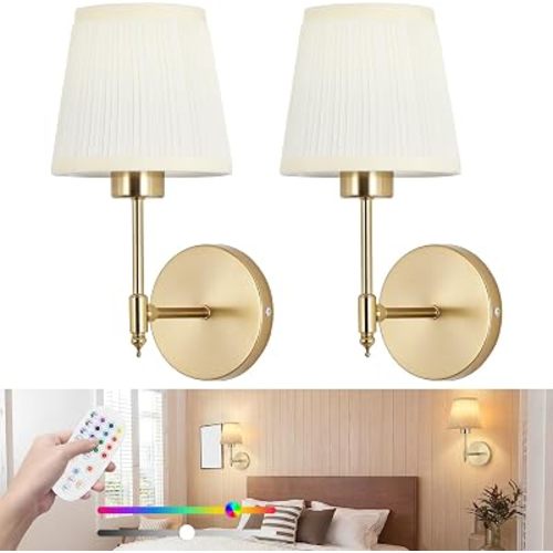 Wireless Wall Sconces Set of Two,Battery Operated Wall Sconce with Pleated Shades,Rechargeable Wall Light with Remote,15 Colors Dimmable Wall Sconce,Gold Wall Lamps for Living Room,Bedroom,Hallway