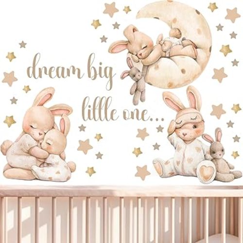 Nursery Wall Stickers, Baby Girl Room Decor, Bunny Wall Decal, Boho Toddler Decor, Beige Peel and Stick Animal Decals for Nursery or Girls Bedroom.