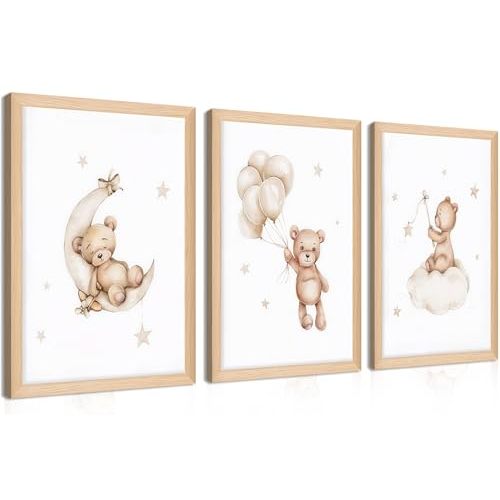 Framed Teddy Bear Wall Art Nursery Decor Set of 3, Bear Sleeping on The Moon and Stars Pictures Canvas, Neutral Bears Poster Prints Wall Decor for Kids Baby Room Girls Children Room – 12x16 inch