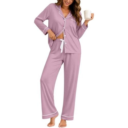 ZMJ Womens Pajamas Sets 2 Piece Long Sleeve and Pant Pj Sets Button Up Sleepwear