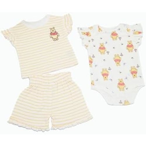 Magic Threadz Disney Clothes Baby Girls 3-Piece Short Set – Marie, Pooh, Minnie, Stitch & Bambi Newborn Outfit Set (0M–24M)