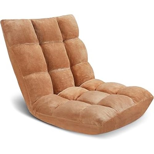 Folding Floor Chair 14-Position Cushioned Adjustable Floor Lazy Sofa Chair w/Breathable Cotton & Skin-Friendly Flannel for Adults & Kids Ideal for Reading Meditating, Camel