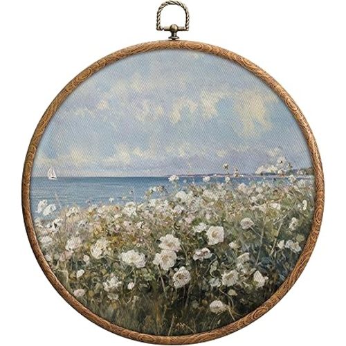 Vintage Floral Ocean Round Wall Decor, Beach Coastal Daisy Flowers Sea Hanging Wall Art, White Flower Blue Ocean Seascape Waterproof Western Decoration for Home Living Room Bedroom Bathroom Office, 12