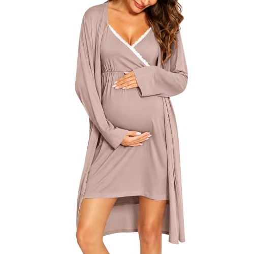 SWOMOG Womens Maternity Robe 2 Piece Nursing Nightgown for Breastfeeding 3 in 1 Labor Delivery Nursing Dress Lace Bathrobe