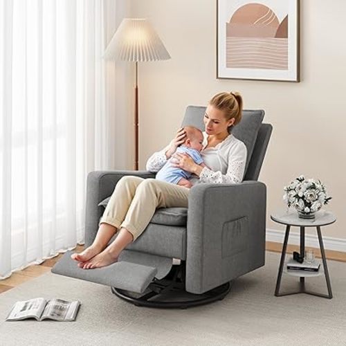 Amopatio Nursery Rocking Recliner, 360° Swivel Glider Chair with Adjustable Backrest, 20° Rocking Nursing Chair, High-Density Cushion Lounge Chair for Nursery Living Room Reading Rest(300 LBS)