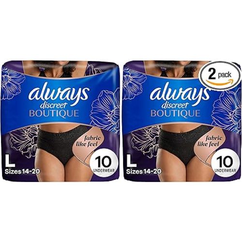 Always Discreet Boutique Low-Rise Postpartum Incontinence Underwear Size L Maximum Absorbency, Up to 100% Leak Protection, Black, 10 Count (Pack of 2)
