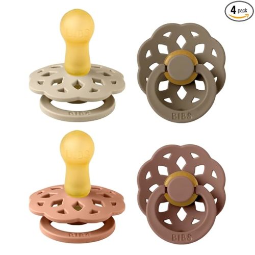 BIBS Boheme Soother 4-Pack | BPA Free Dummy Pacifier | Round Nipple | Natural Rubber Latex | Made in Denmark | Size 6-18 Months | Peach Mix