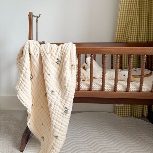 The Heirloom Blanket - Blueberries - 9 Layer Gauze Blanket with Lace Trim - Buttermilk