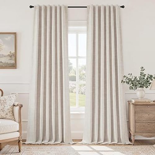HOMEIDEAS 100% Blackout Faux Linen Curtains,Beige Modern Farmhouse Winter Boho Curtains 84 Inches Long 2 Panels, Rod Pocket & Back Tab for Vintage Living Room,Bedroom Decor