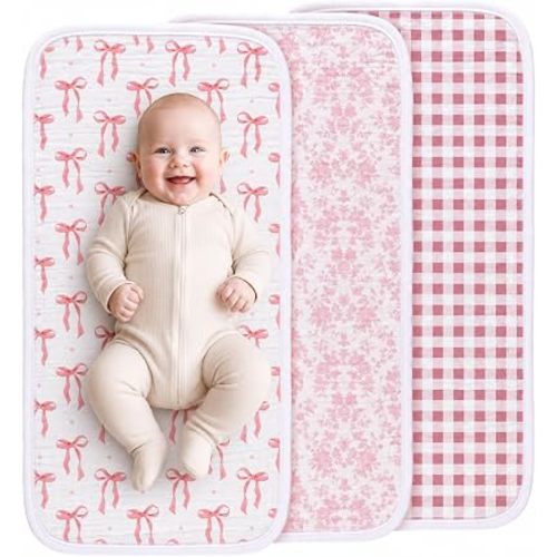 Gilprop 3 Pack Pink Changing Pad Liners for Baby Girl, Bow Floral Baby Changing Mat 27.6 x 14 Inch, Waterproof Coquette 3 Layer Cotton TPU Diaper Pad for Dresser Crib Travel