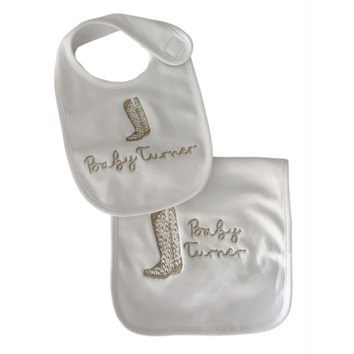 Tan and White Cowboy Boots Bib and Burp Cloth Set