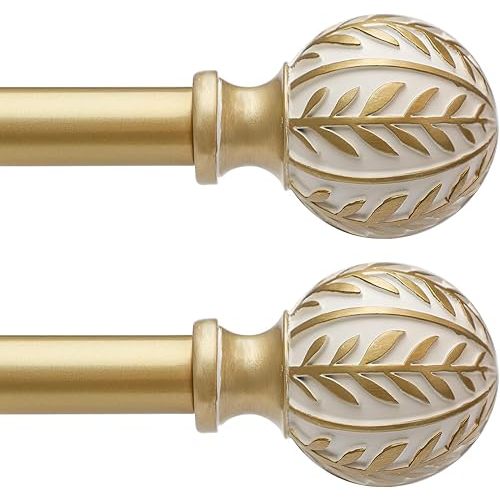 2 Pack Gold Curtain Rods for Windows 28 to 48 inch,1" Adjustable Heavy Duty Window Curtain Rod with Leaf Finials,Rustic Decorative Drapery Rods Set,Size:18-60''