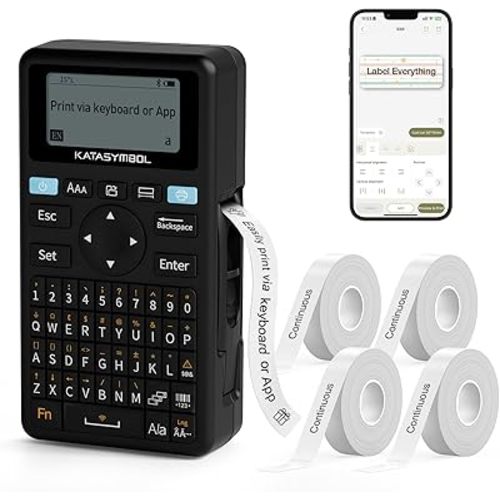 SUPVAN E11 Bluetooth Label Maker Machine with 4 Tapes, Support Keyboard & App with 40 Fonts and 650+ Icons, Rechargeable Inkless Labeler for Home, Kitchen, Office, School, Organization, Black
