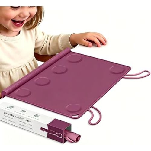 Silicone Placemat for Babygirls Eating-Out: Wipe Clean & Roll up for Outdoor - Purple Table Mat for Restaurant/Travel/On-The-Go