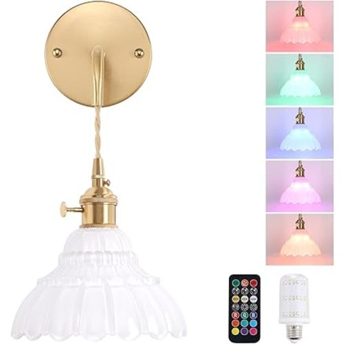 Battery Operated Wall Sconce with White Lily of The Valley Shade Glass Adjustable Chain Retro Wall Light, Modern Wall Lamp Fixtures Decor for Bedside Bedroom Indoor Doorway