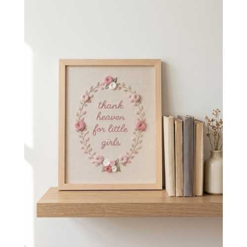 Thank Heaven For Little Girls Hand Embroidery Frame, Nursery Girls Room Decor, Hand Stitched Floral Frame, Newborn Gifts