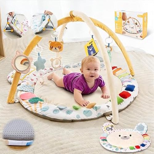 Baby Play Gym, Thickened and Non Slip Activity Mat, 5 Developmental Zones Tummy Time Mat with 5 Detachable Sensory Toys for Motor Skills, Baby Essentials Shower Gift Box(Bear)