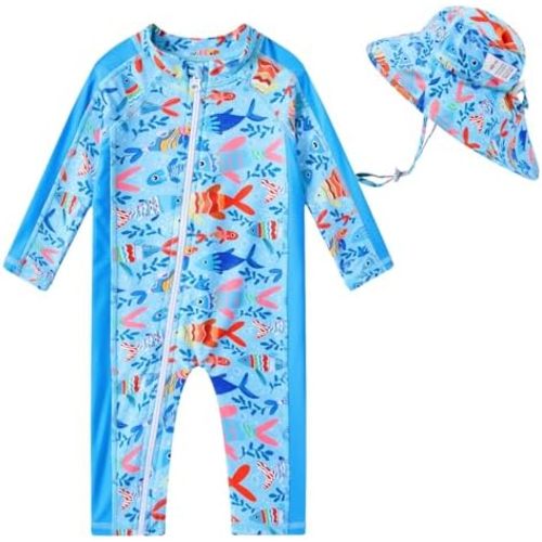 Funnycokid Baby Swimsuit Boy UPF50+ Zipper Infant Bathing Suits One Piece Rash Guard Swimwear with Hat