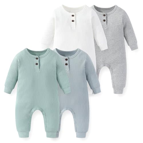 JELYLOVE 4 Pack Soild Long Sleeve Baby Boy Girl Romper Infant Jumpsuits | unisex, simple fashion, 95% cotton 5% spandex fabric, bottom snap closure, everyday wear, perfect for new parents