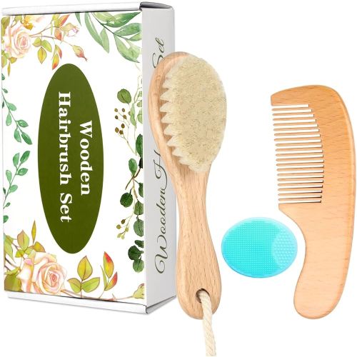 Wooden Baby Hair Brush and Comb Set, 3Pcs Natural Soft Goat Bristles Brush Cradle Cap Comb Baby Shower Scrubber Perfect Scalp Grooming Product for Newborns, Toddlers, Infant (Green)