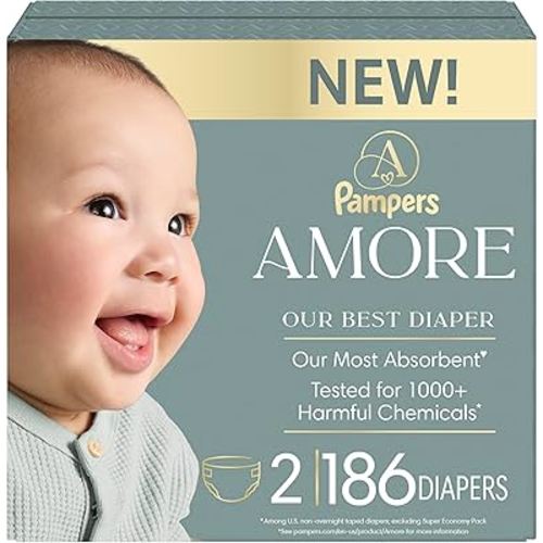 Pampers Amore, Size 2 (10-22 lbs), 186 Count, Our Best Diaper – Hypoallergenic & Fragrance Free, Up to 100% Leakproof, Soft as Cashmere