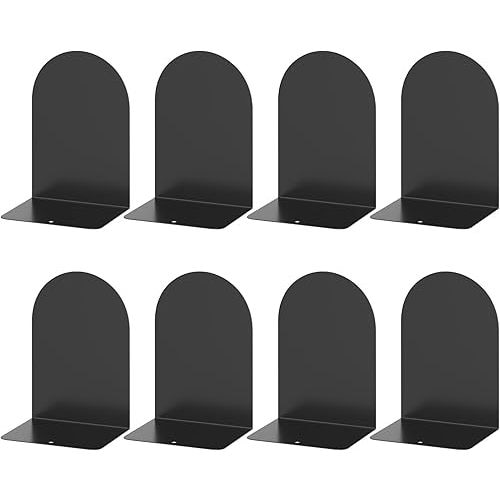 ALOTCHE Bookends 4 Pairs, Metal Round Bookends for Shelves, Book Ends for Desk, Book End to Hold Books, Book Stopper, Black Bookend for Home Office