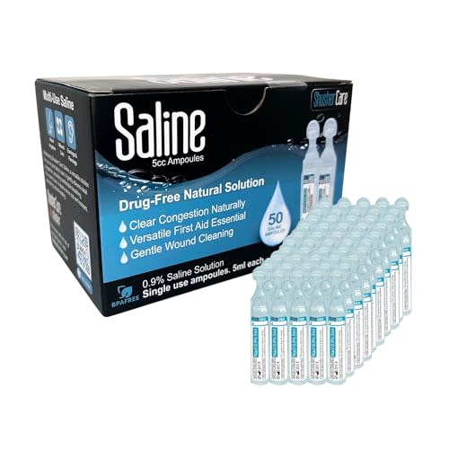 Shusher Care Saline Ampoules - Saline Solution for Nebulizer, Sodium Chloride 0.9% for Nose, Nasal Cleanse for Babies, Kids, & Adults, Sterile Nasal Care, Wound Cleansing - 50 Count (5ml Each)