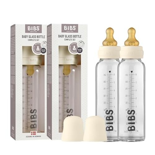 BIBS Glass Bottle, 3.7 oz/110 ml, 2-Pack, Natural Rubber Nipple, Baby Blue | Borosilicate Glass | Anti-Colic | BPA-Free | Dishwasher Safe | Supports Natural Feeding