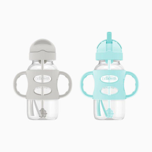 Wide-Neck Sippy Straw Bottle with Silicone Handles (2 Pack) - Gray & Green