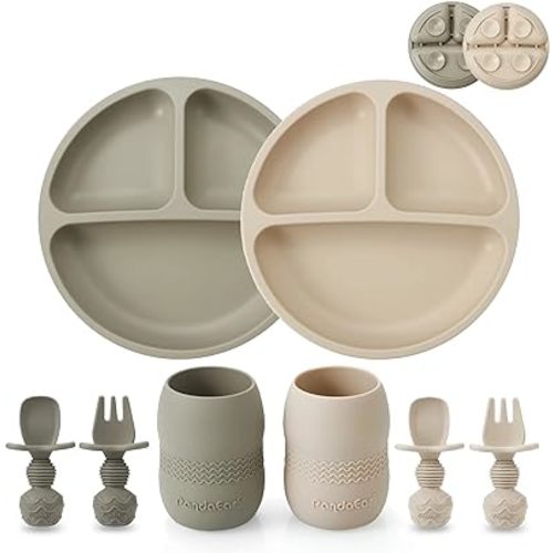 PandaEar Silicone Baby Feeding Set| 2 Pack Silicone Divided Suction Plate and 2 Pack Tiny Cup with 2 Spoons 2 Forks| Baby Led Weaning Supplies Self Feeding Eating Utensils (Light Tan/Walnut)