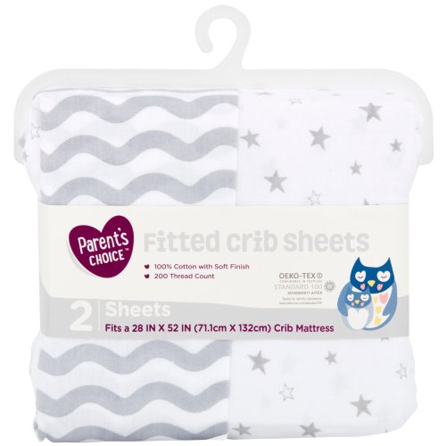 Parent's Choice 100% Cotton Fitted Crib Sheets, Gray Chevron 2pk