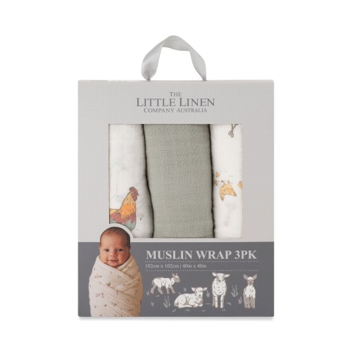 The Little Linen Co. Muslin Swaddle Wraps 3 Pack Farmyard Lamb