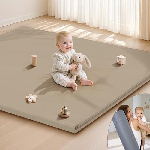 HARBOLLE Baby Play Mat 47x47 Inches, Extra Thick 1.2" Foam Floor Mat for Tummy Time & Crawling, Waterproof Non-Slip Faux Leather Playpen Mat for Infants Toddlers, Indoor Outdoor Gym Activity, Brown