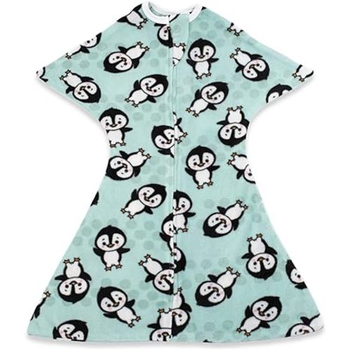 SleepingBaby Zipadee-Zip Transition Swaddle - Cozy Fleece Wearable Blanket with Two-Way Zipper for Baby Sleep - Perfect Penguin, Small (4-8 Month)